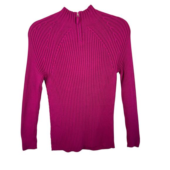 Talbots Cotton Modal Hot Pink Ribbed Knit Mock Neck 1/4 Zip Sweater Size M - Picture 2 of 6